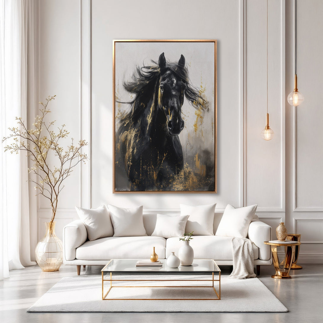 Framed Wall Art of a black horse with gold accents, displayed in a modern living room. Elegant, abstract style with a neutral and gold color palette.