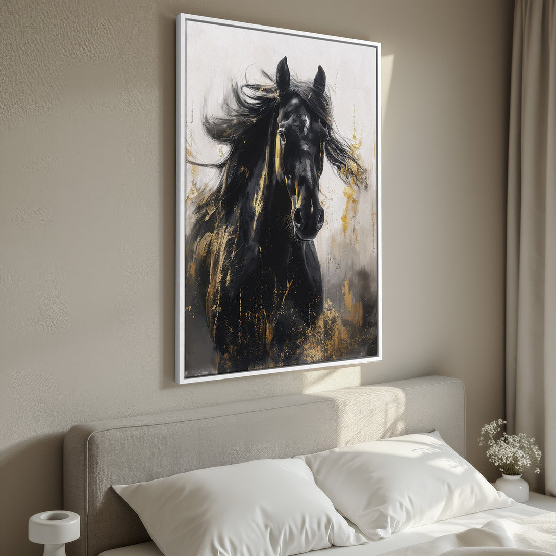Framed Wall Art: Stunning black horse painting with gold accents. Elegant abstract style, neutral color palette. Perfect for bedroom decor.