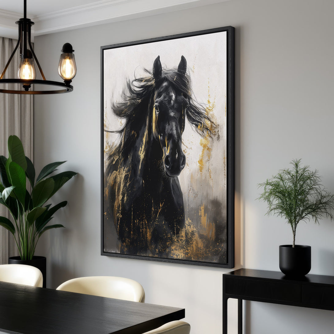 Framed Wall Art featuring a majestic black horse. Abstract style with gold accents on a neutral background. Perfect for modern home decor.