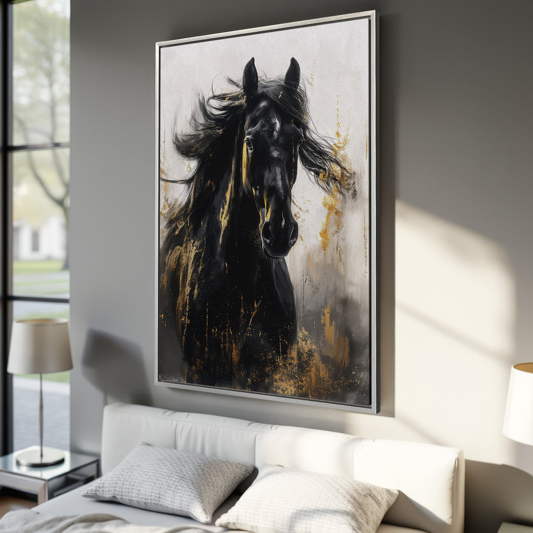 Framed Wall Art: Stunning black horse canvas print with gold accents. Modern abstract art in a bedroom setting. Perfect for home decor.