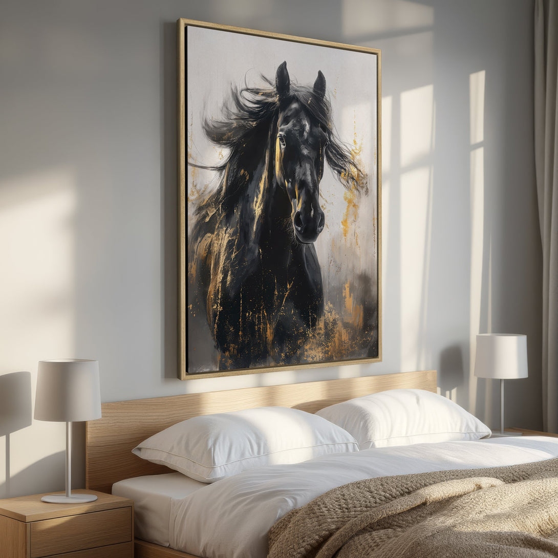 Framed Wall Art: Stunning black horse painting with gold accents. Modern abstract style, neutral color palette. Perfect bedroom decor!