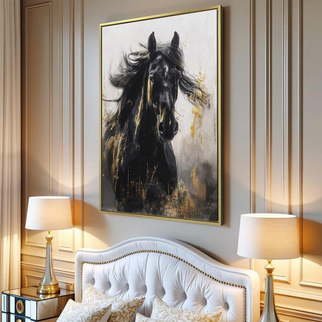 Canvas Print of a majestic black horse, abstract style with gold accents, displayed in a modern interior. Perfect wall art for any room.