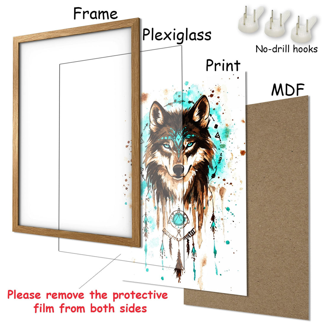 Framed Poster featuring a watercolor wolf art print. Earthy tones with teal accents. Perfect wall decor!