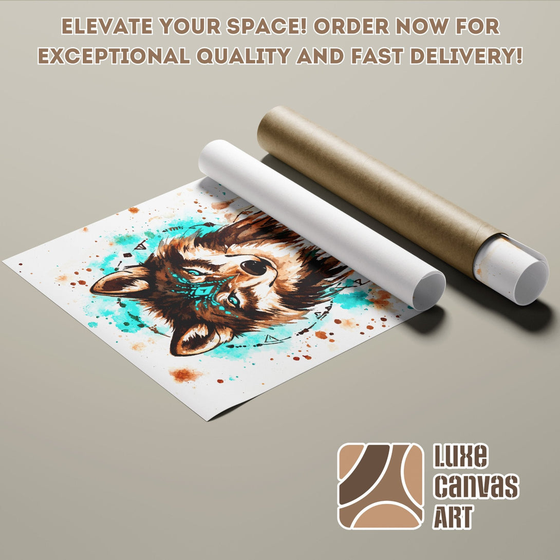 Wolf watercolor art poster roll, brown & teal palette. Elevate your space with this stunning poster!