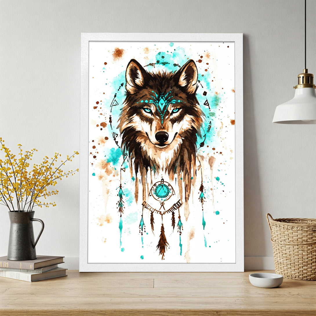 Framed Poster featuring a watercolor wolf in an artistic, bohemian style. Earthy brown and teal color palette, perfect wall art.