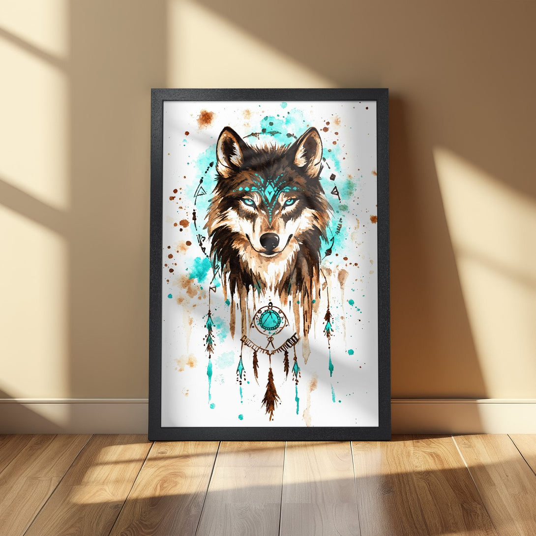 Framed Poster featuring a watercolor wolf with dreamcatcher design. Earthy tones with turquoise accents. Perfect wall art!
