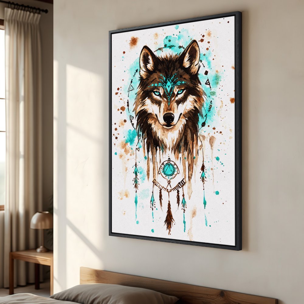 Framed Wall Art: Watercolor wolf print with turquoise and brown accents. Boho style canvas art for your home decor.