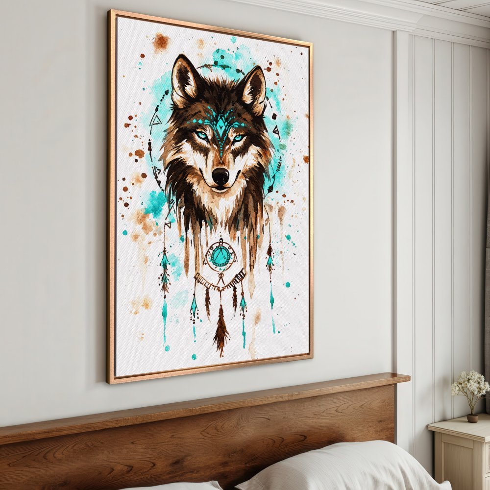 Framed Wall Art: Watercolor wolf print with teal and brown accents. Add a touch of nature and artistry to your home with this stunning canvas print!