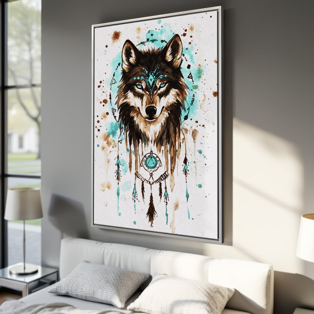 Framed Wall Art: Watercolor wolf portrait with turquoise and brown accents. Perfect for boho decor, this Canvas Print adds a touch of nature to your space!
