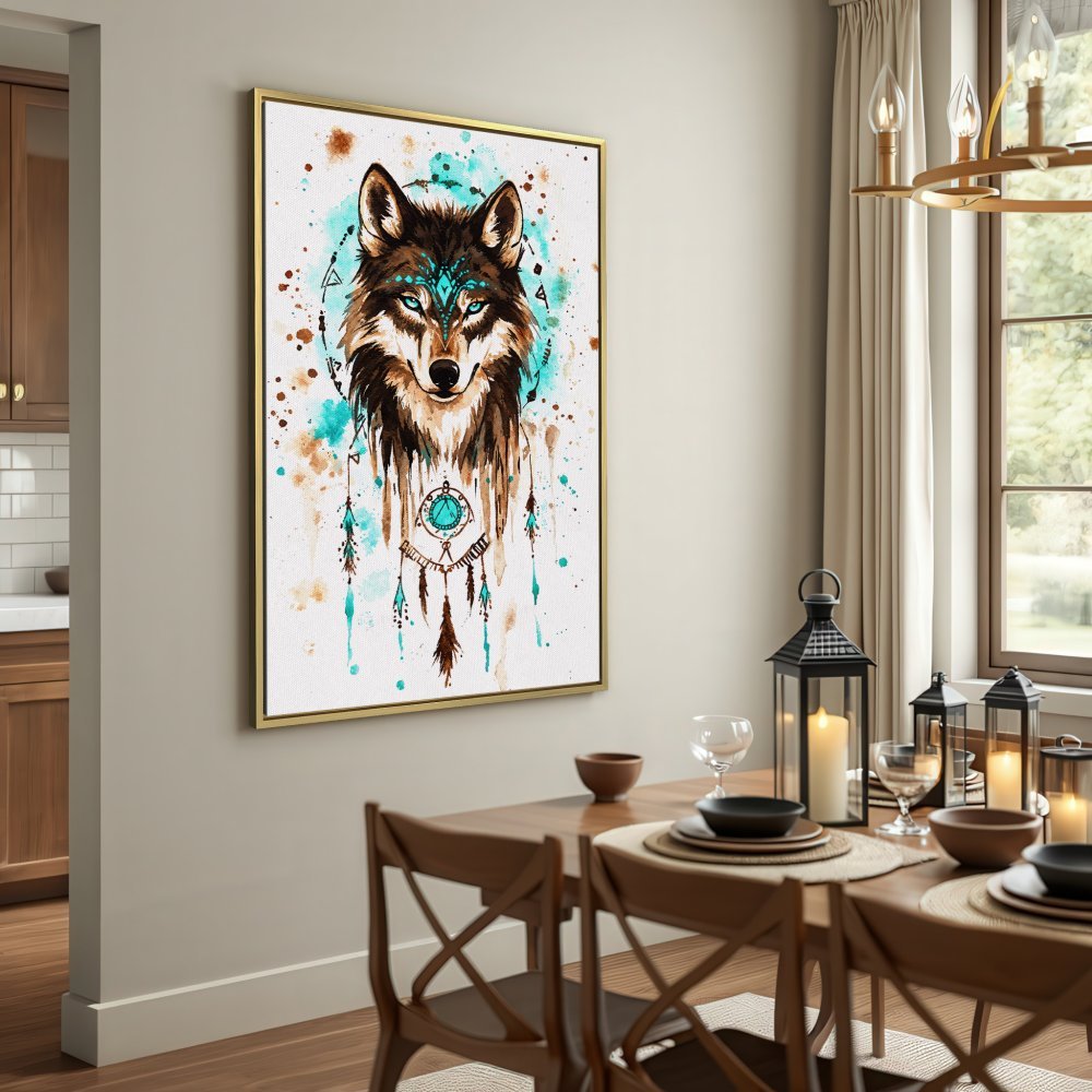 Canvas Print: Watercolor wolf art in turquoise, brown, and white. Boho style wall decor for a stylish interior.
