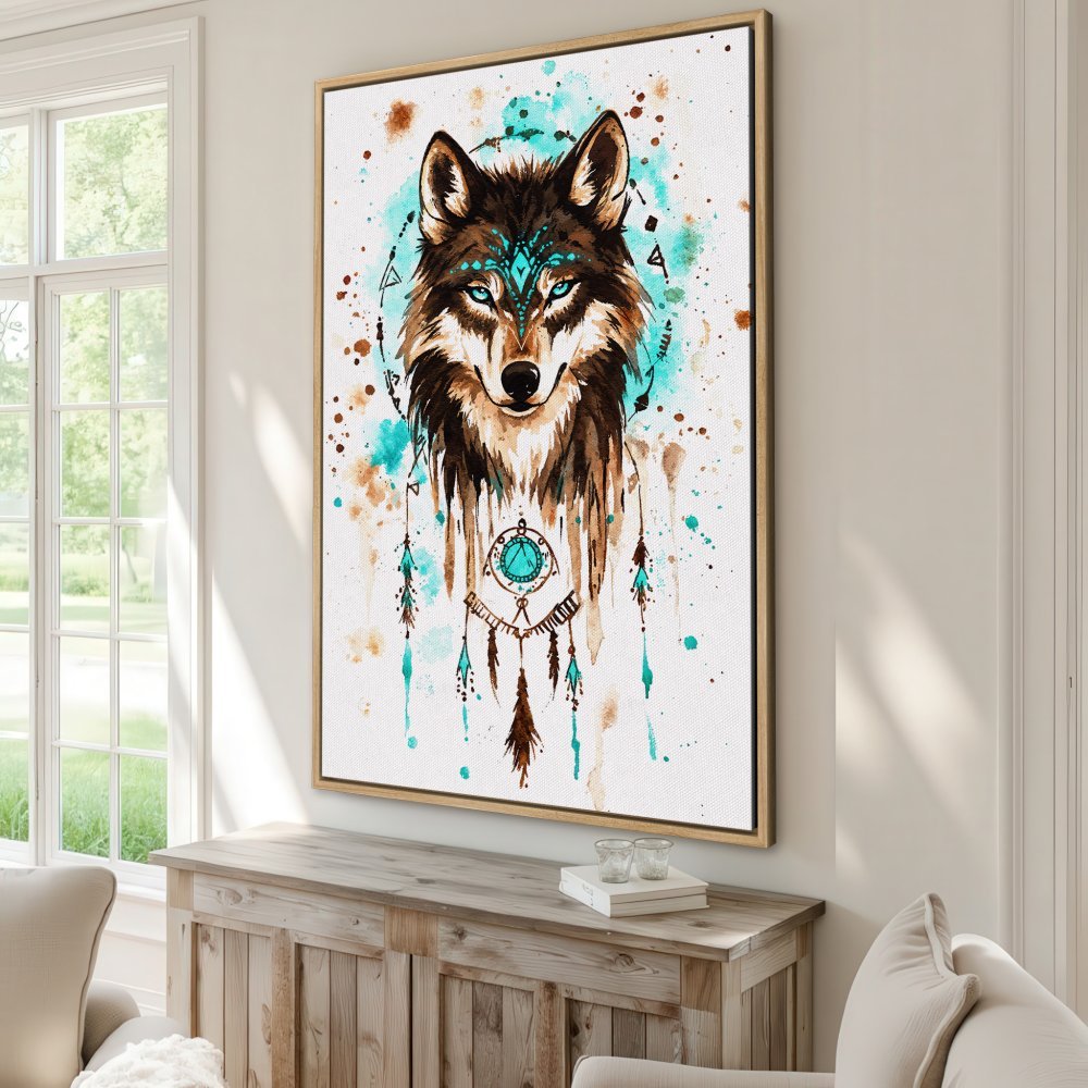 Framed Wall Art Canvas Print featuring a watercolor wolf in turquoise and brown tones, perfect for adding a touch of boho style to your home decor.