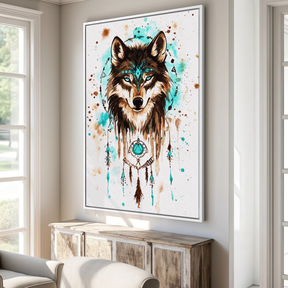 Canvas Print of a watercolor wolf with turquoise and brown accents, perfect for boho wall decor.