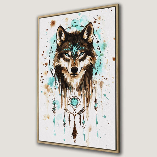 Framed Wall Art: Watercolor wolf portrait with turquoise & brown accents. Boho style Canvas Print for home decor.