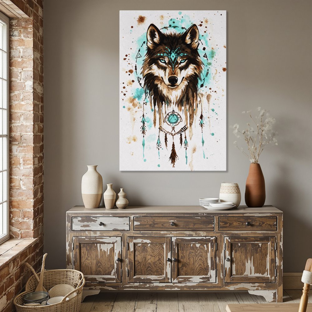 Framed Wall Art: Watercolor wolf print with turquoise and brown accents, perfect for boho home decor. Add this canvas print to your space today!