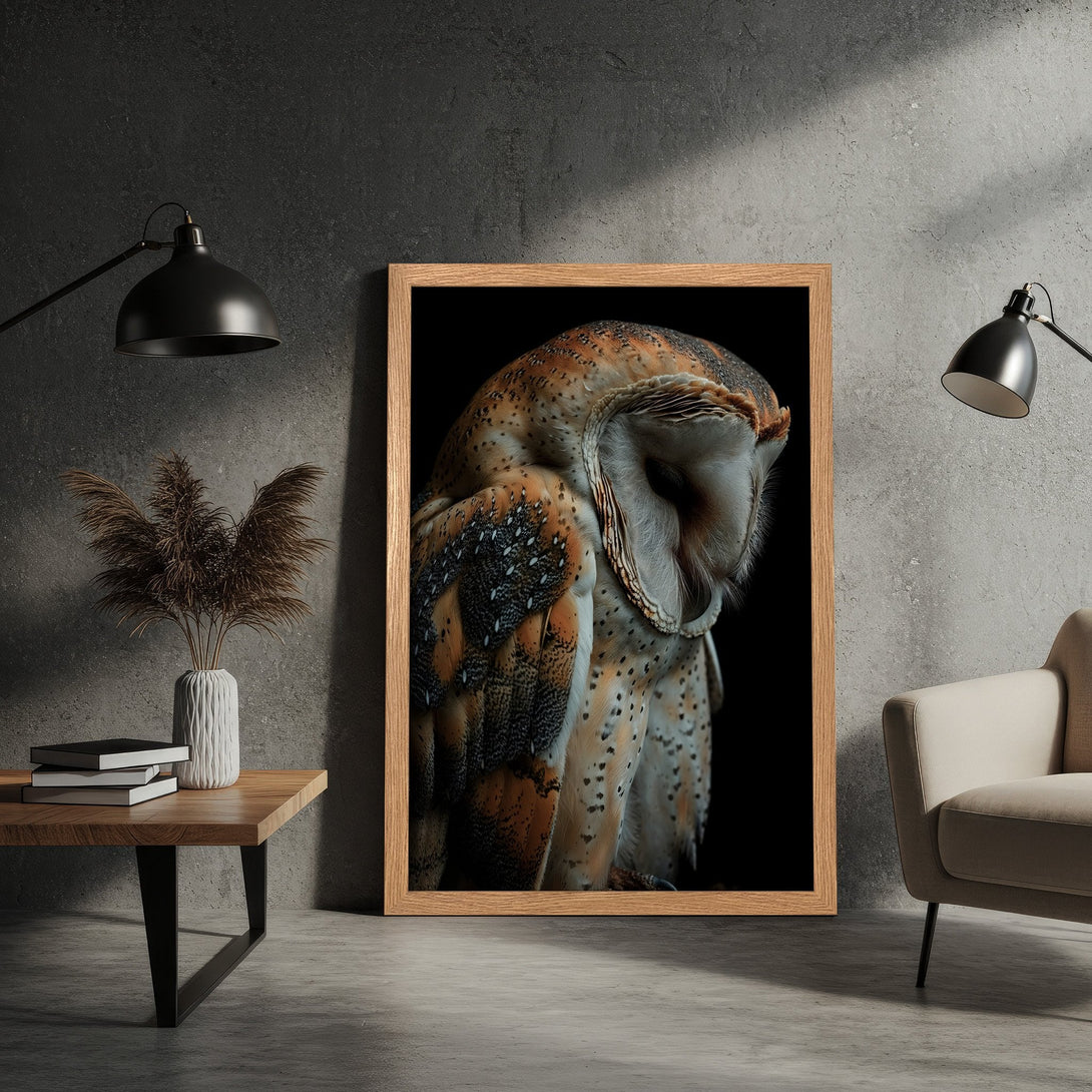 Framed Poster featuring a stunning owl portrait in warm brown and black tones. Perfect for modern home decor.