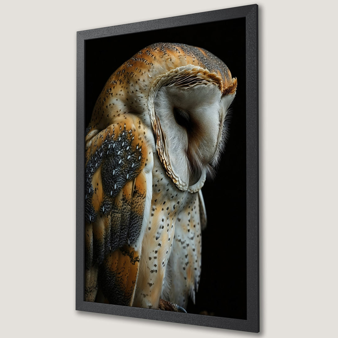 Framed Poster featuring a majestic owl with detailed feathers, warm brown & black tones, perfect for any wall decor.
