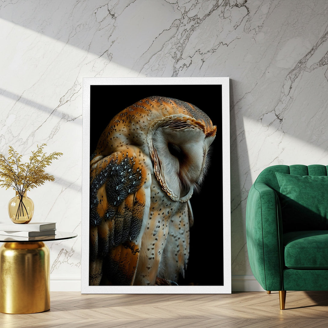 Framed Poster featuring a majestic owl in warm tones. Perfect wall art for a touch of nature & elegance.