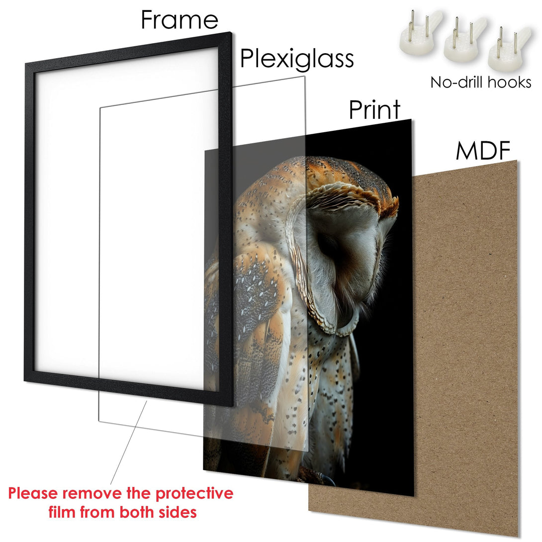 Framed Poster featuring a detailed owl portrait. Warm, earthy tones and a sleek black frame. Perfect wall art!
