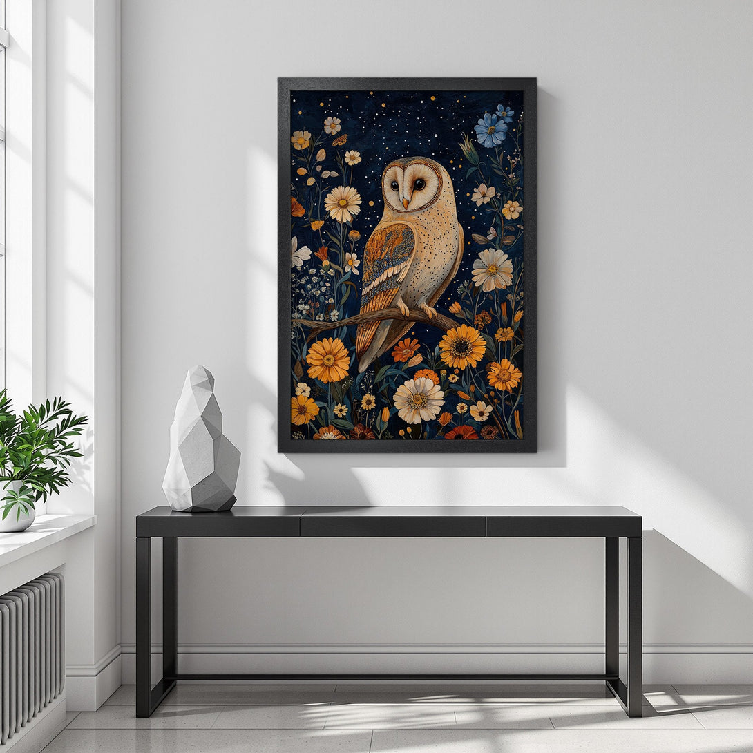 Framed Poster featuring a beautiful owl in a floral design. Artistic style with a dark blue, orange, and white color palette. Perfect wall art!