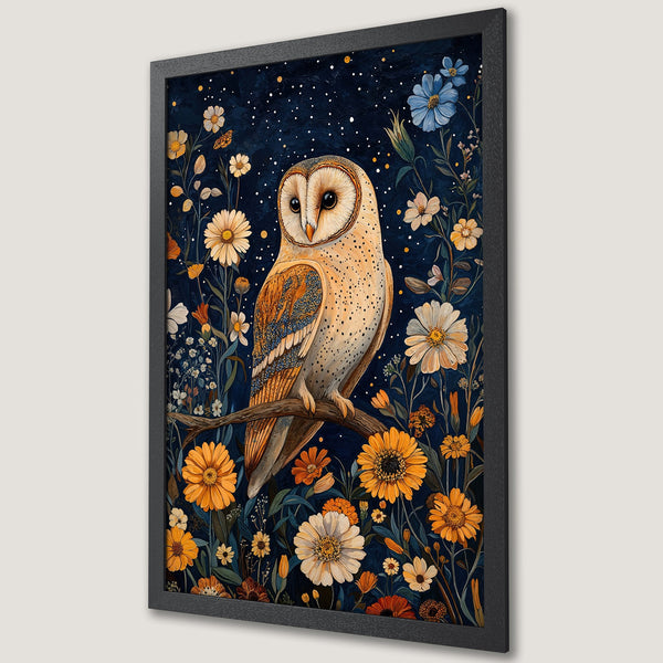 Framed Poster featuring a whimsical owl amidst flowers, with a dark blue background and a warm, earthy color palette. Perfect wall art!