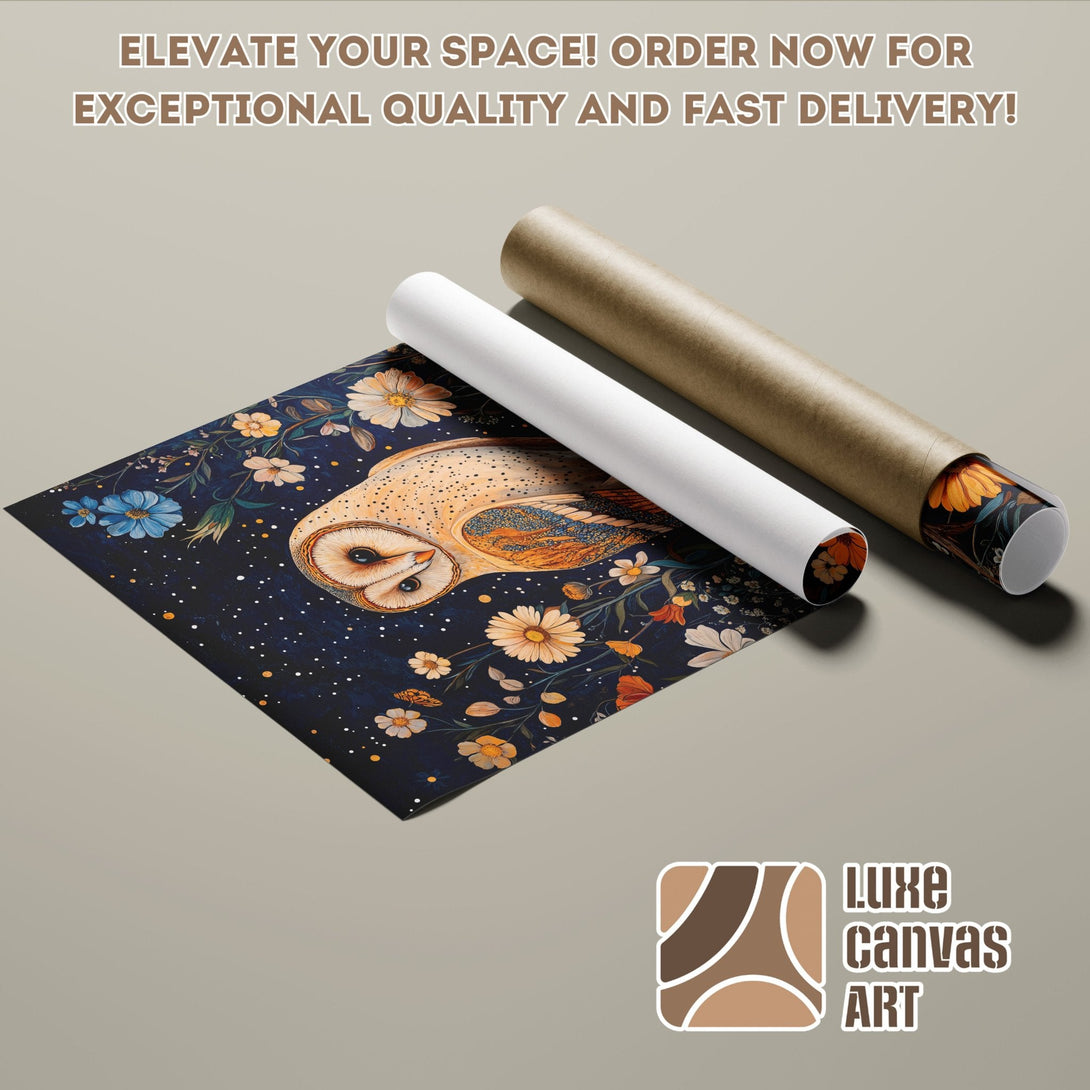 Poster Roll featuring an owl and floral design, dark blue background, warm color palette.