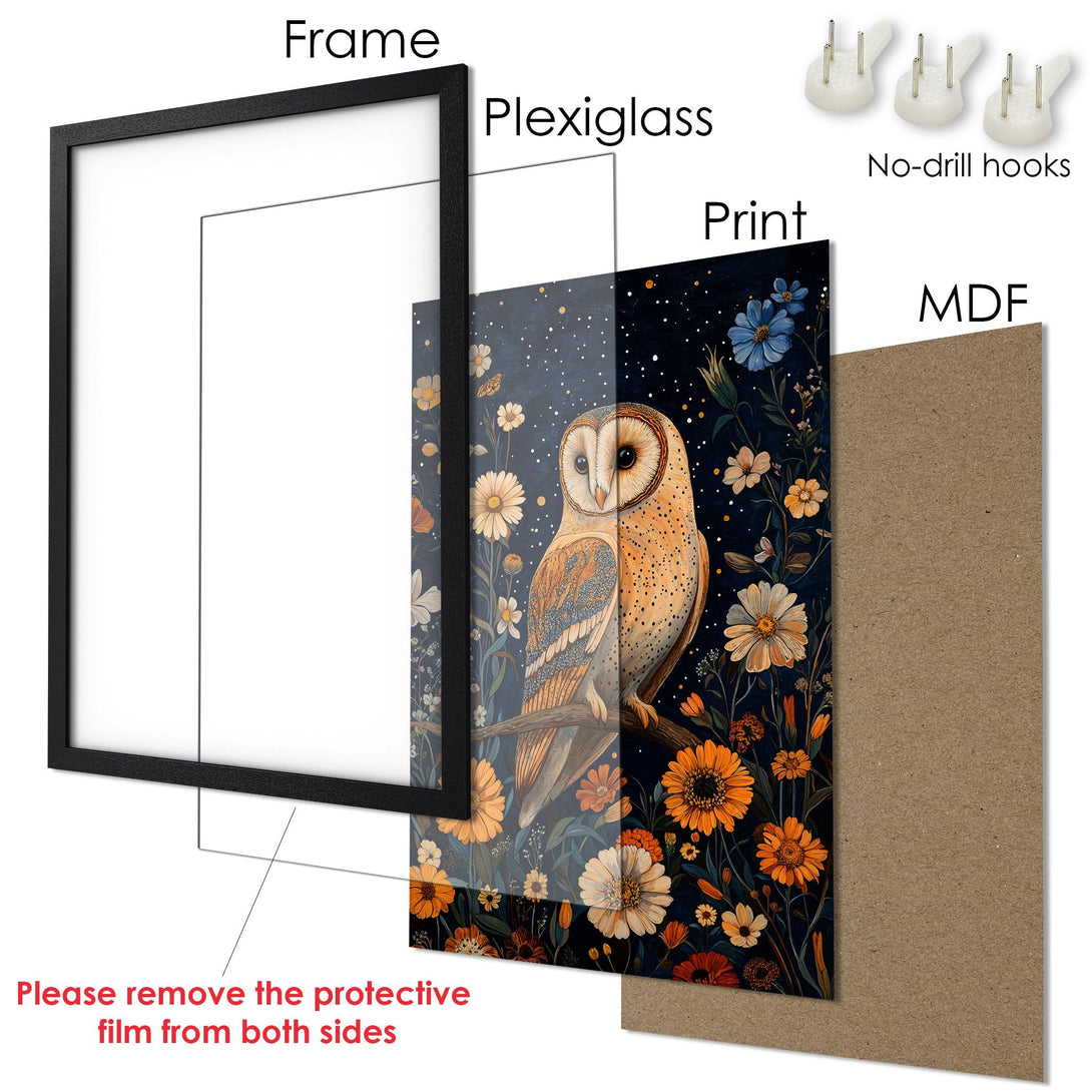 Framed Poster featuring a beautiful owl in a floral design, with a dark blue and orange color palette. Perfect wall art!