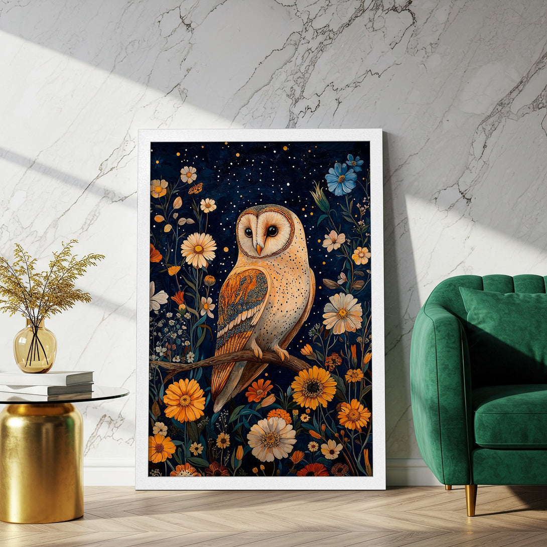 Framed Poster featuring an owl in a floral night scene. Artistic style, rich blue, orange, and white color palette. Perfect wall art!