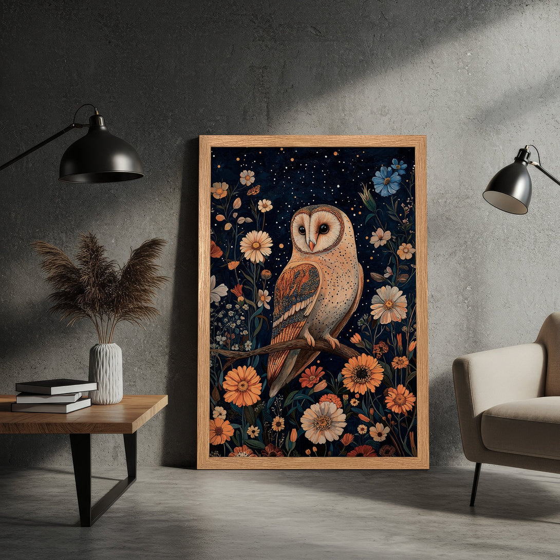 Framed Poster featuring a whimsical owl in a floral garden, with a dark blue background and warm color palette.