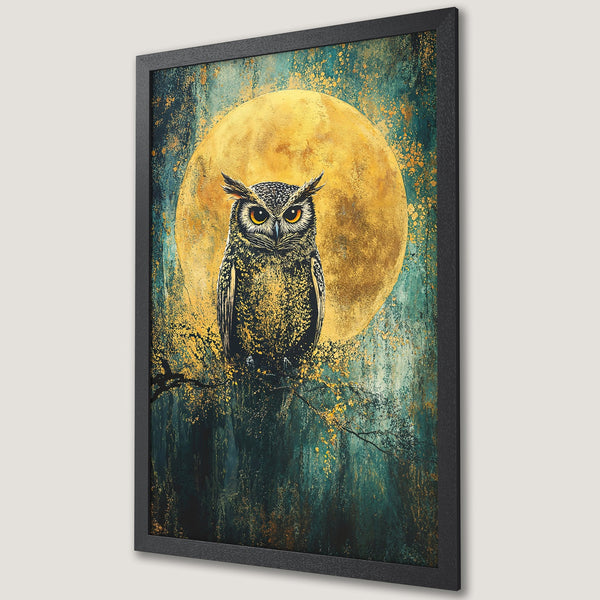Framed Poster featuring an owl against a golden moon. Artistic style with teal, gold, and black color palette. Perfect wall art.