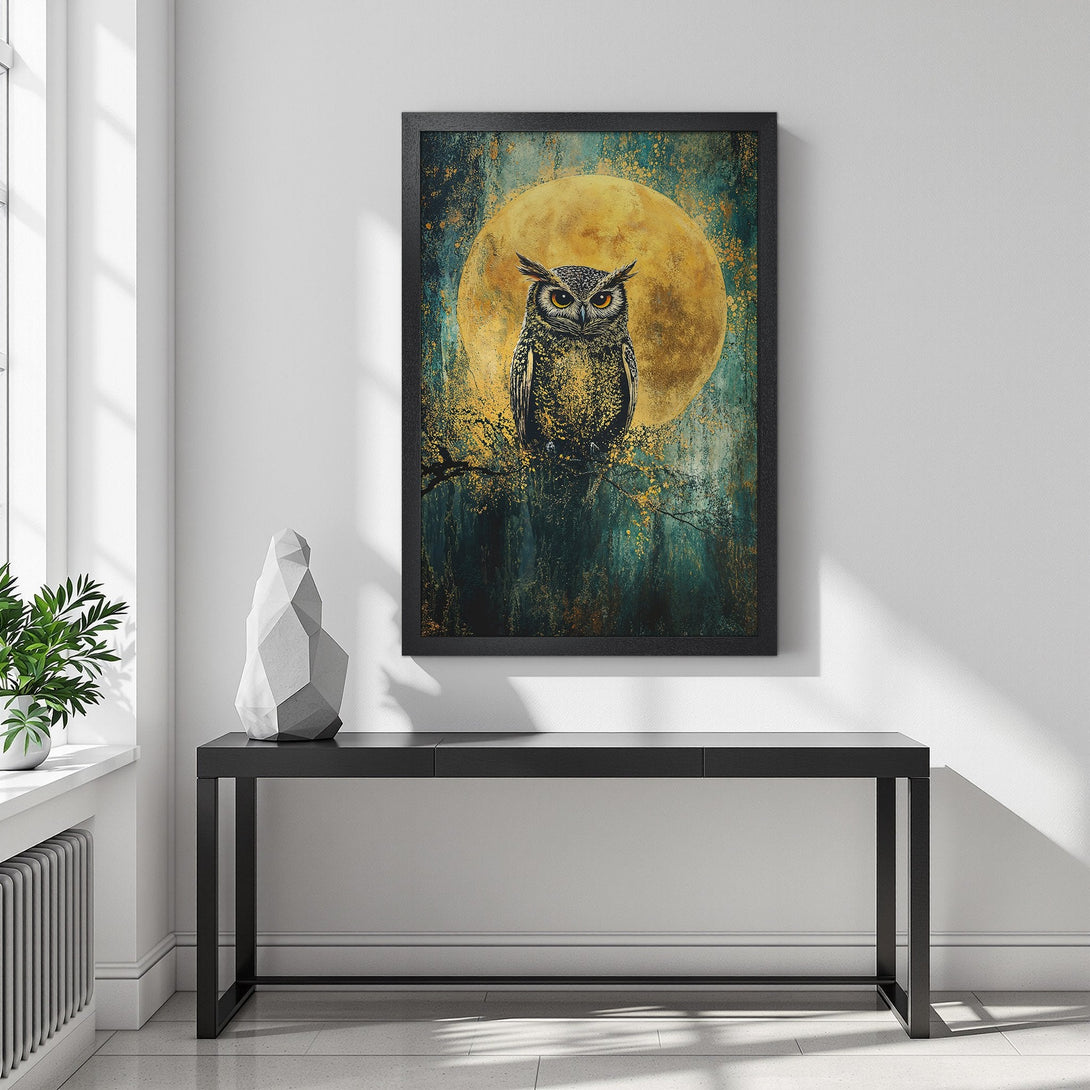 Framed Poster featuring an owl with a golden moon background. Artistic style, teal & gold color palette. Add a touch of nature to your space!