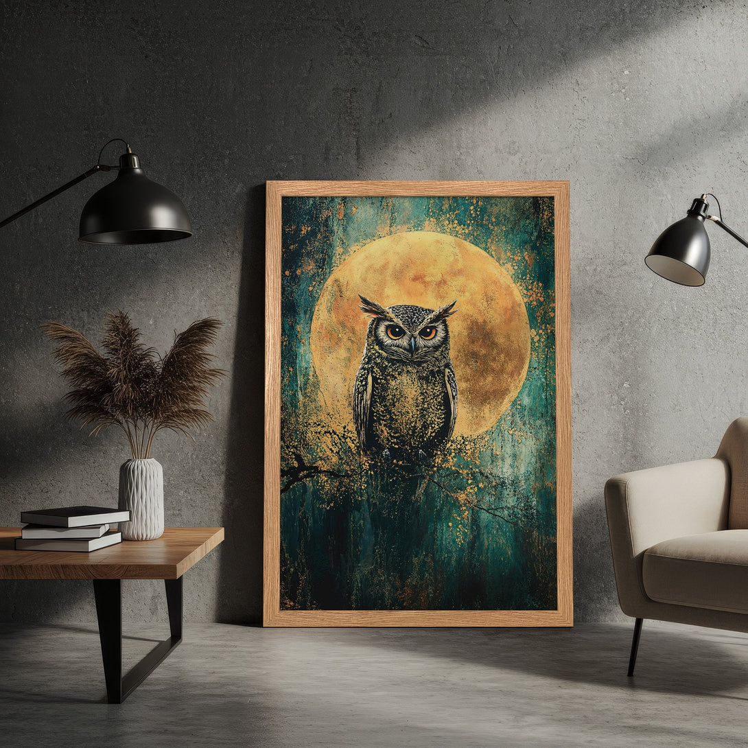 Framed Poster featuring an owl against a moonlit forest. Artistic style with teal, gold, and brown color palette. Perfect wall art.