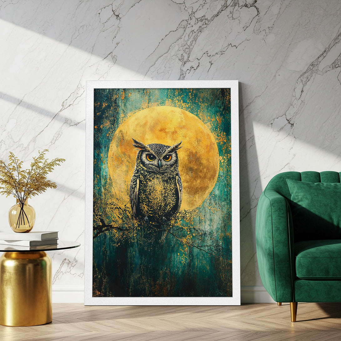 Framed Poster featuring an owl against a golden moon. Artistic style with a teal, gold, and black color palette. Perfect wall art!