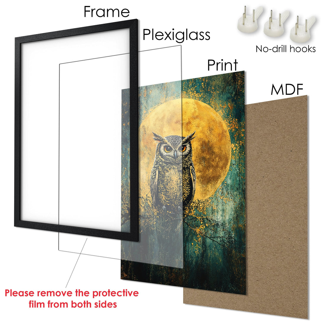 Framed Poster featuring an owl against a golden moon. Artistic style with a teal, gold, and black color palette. Perfect wall art!