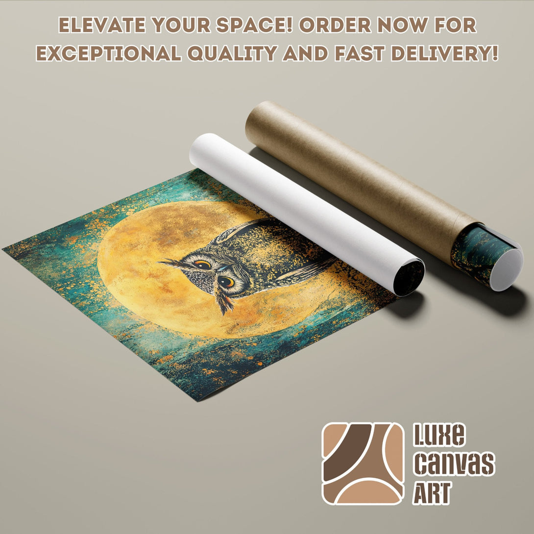Owl Poster Roll art print with yellow, teal, and gold color palette, ready to elevate your space.