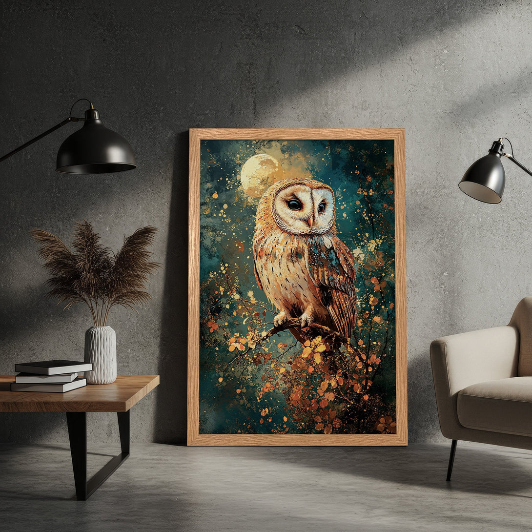 Framed Poster featuring a majestic owl in a painterly style with teal, gold, and brown tones. Perfect wall art for your home!