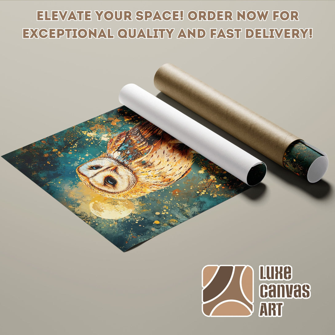 Owl art poster roll in teal, gold, and brown. Elevate your space!