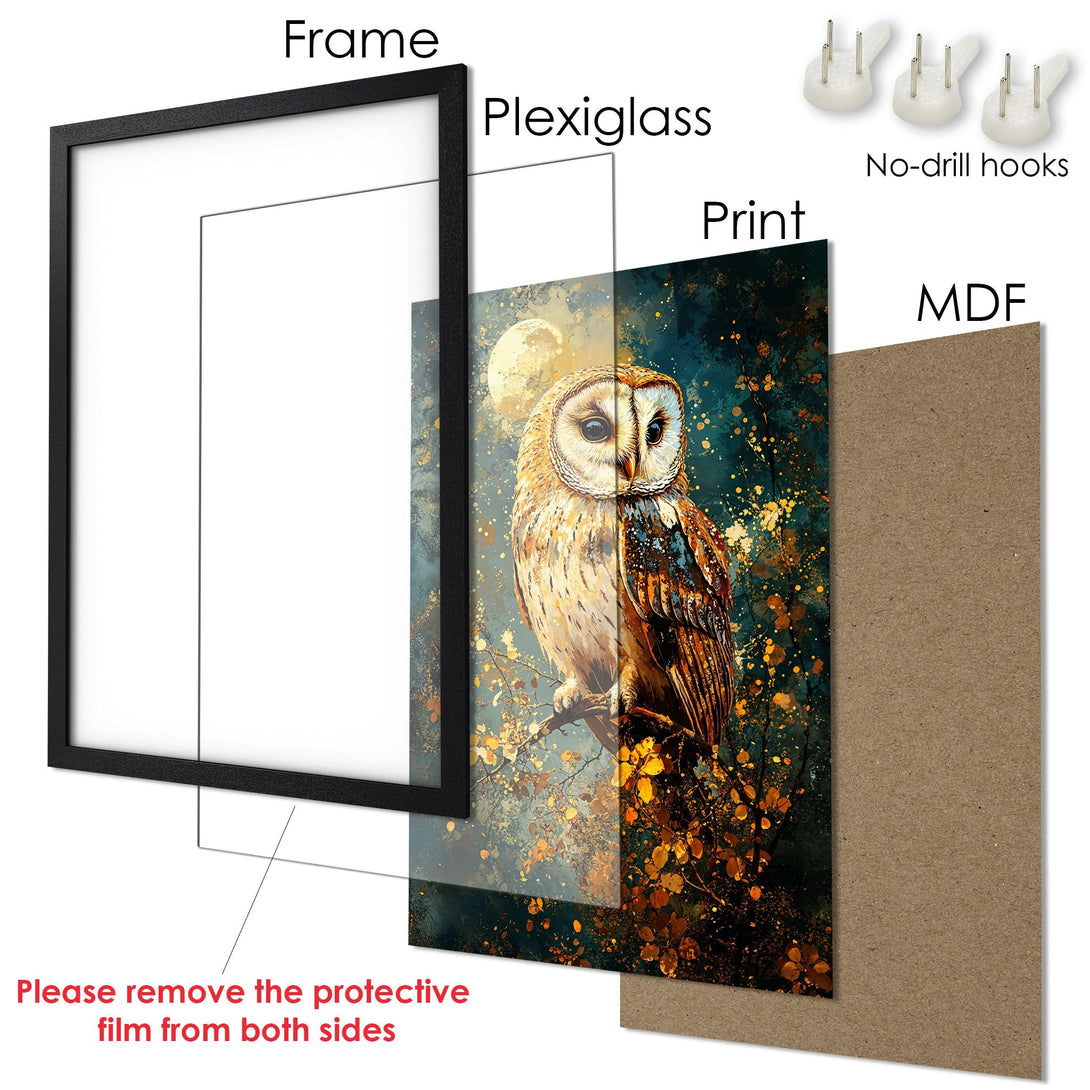 Framed Poster of an owl in a vibrant, painterly style with a teal and gold color palette. Ready to hang!