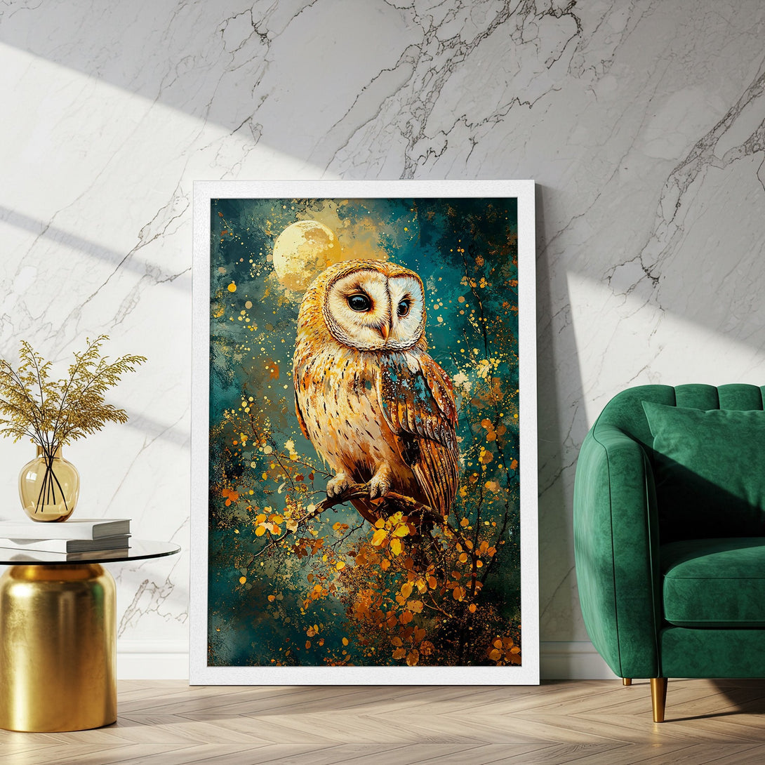 Framed Poster featuring an owl in a watercolor style with teal and gold tones. Perfect wall art!