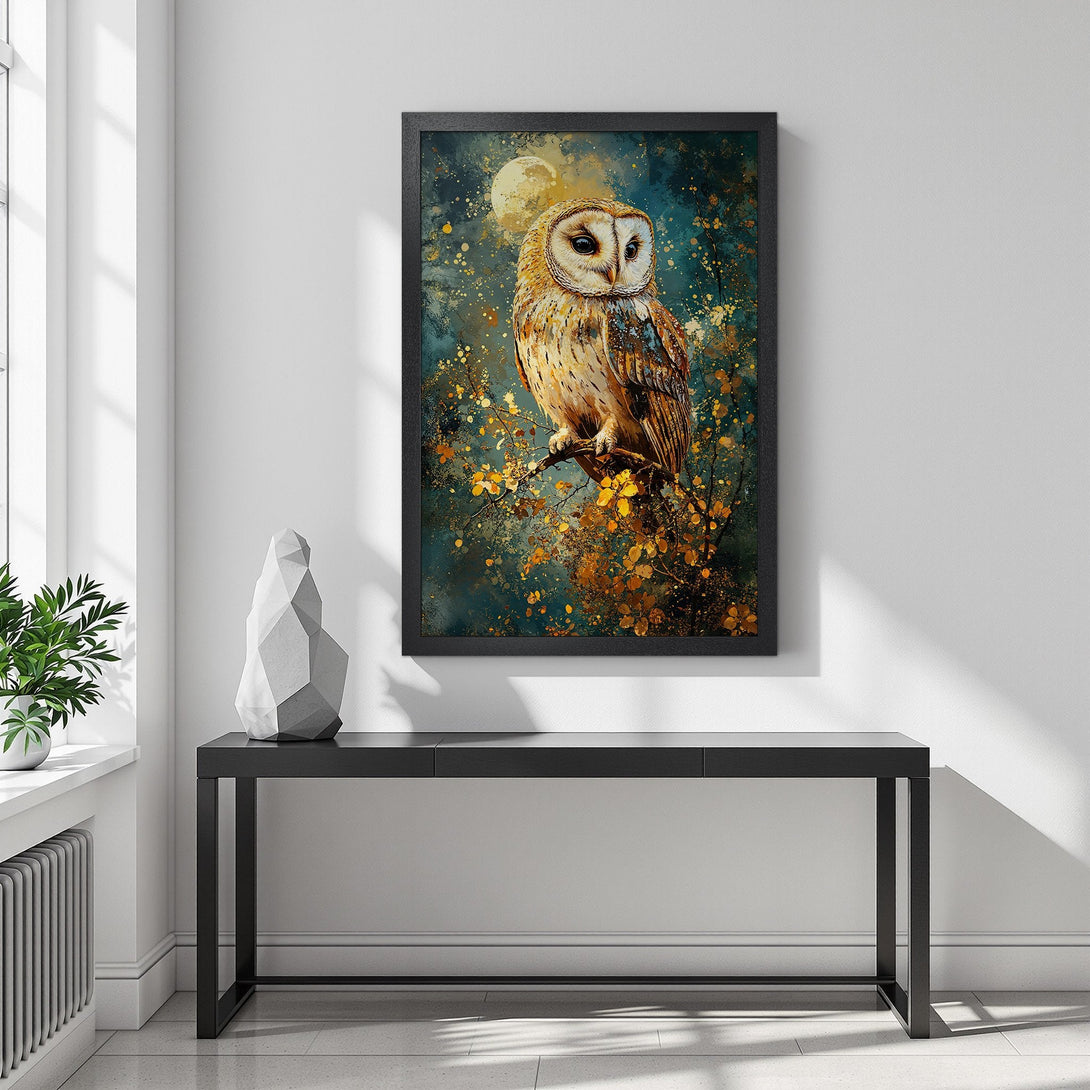 Framed Poster featuring an owl in a painterly style with teal, gold, and brown tones. Perfect art for your home!