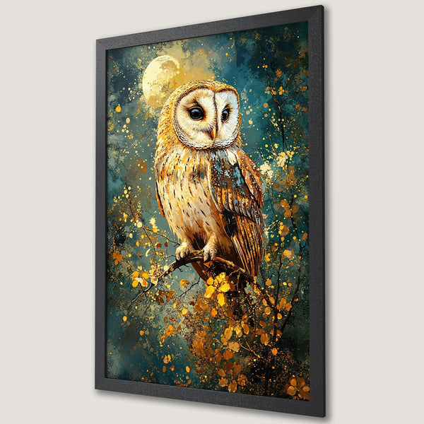 Framed Poster featuring an owl in a painterly style with a teal, gold, and brown color palette. Perfect wall art for nature lovers!