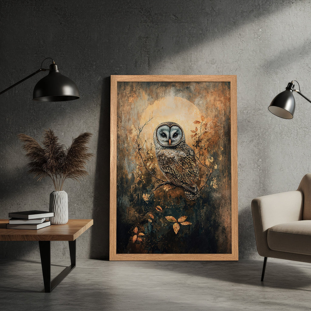 Framed Poster featuring an owl in a vintage style with a warm, earthy color palette. Perfect wall art for your home decor.