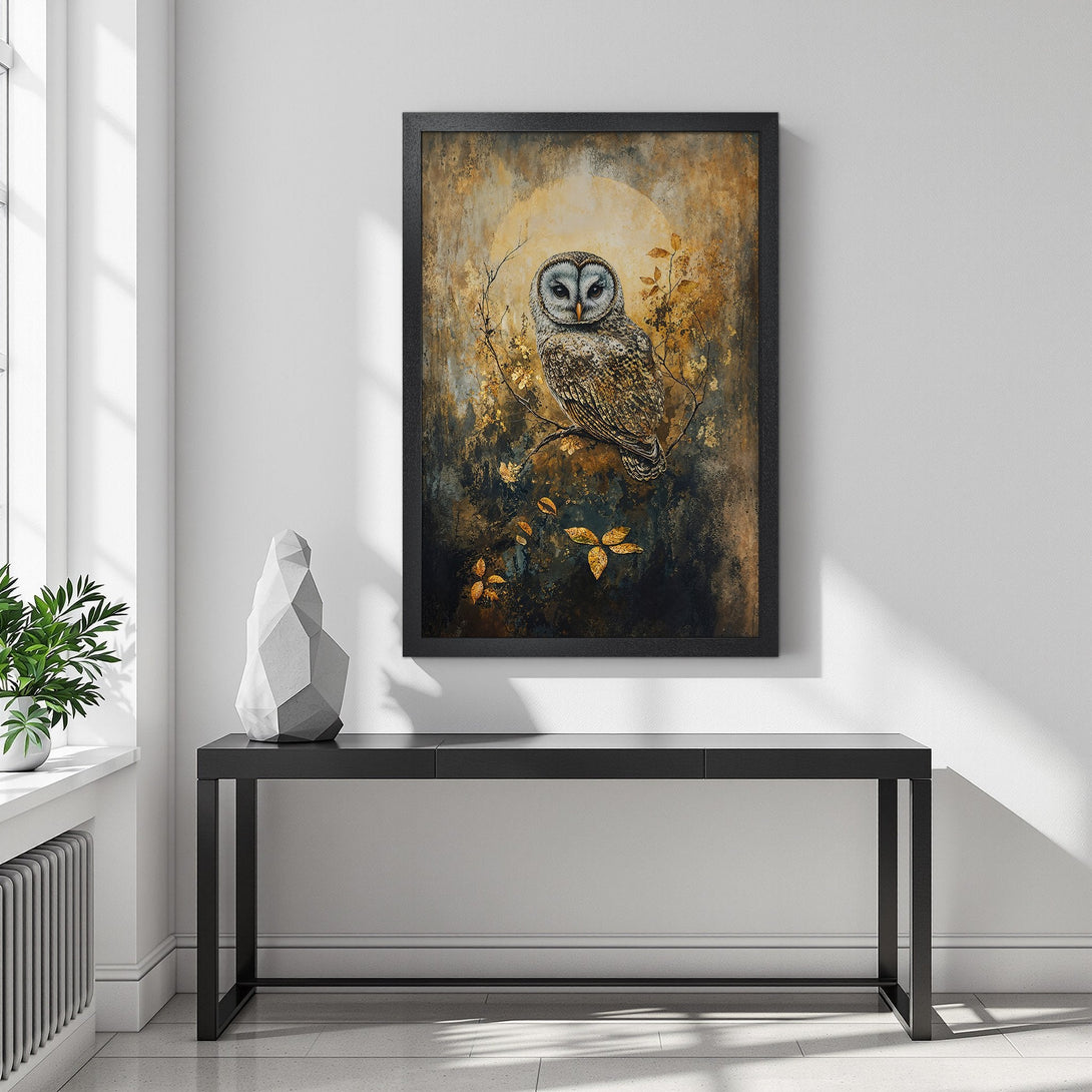 Framed Poster featuring a majestic owl in warm, earthy tones. Perfect art for any room!