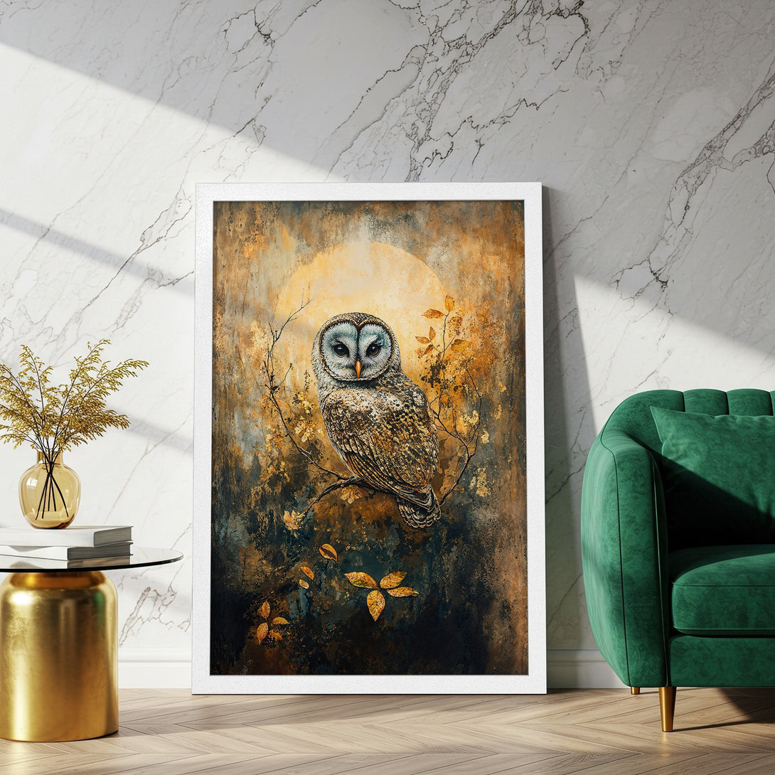 Framed Poster featuring an owl in an artistic style with a warm, earthy color palette. Perfect for adding a touch of nature-inspired art to your home.