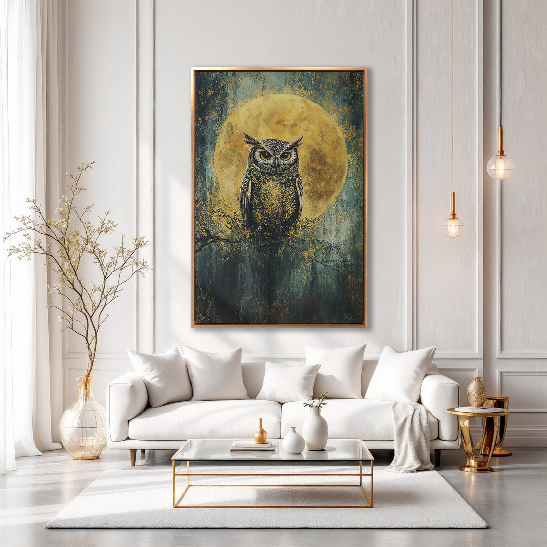 Framed Wall Art: Majestic owl painting with a golden moon backdrop. Elegant artwork in teal, gold, and white tones. Perfect for living room decor.
