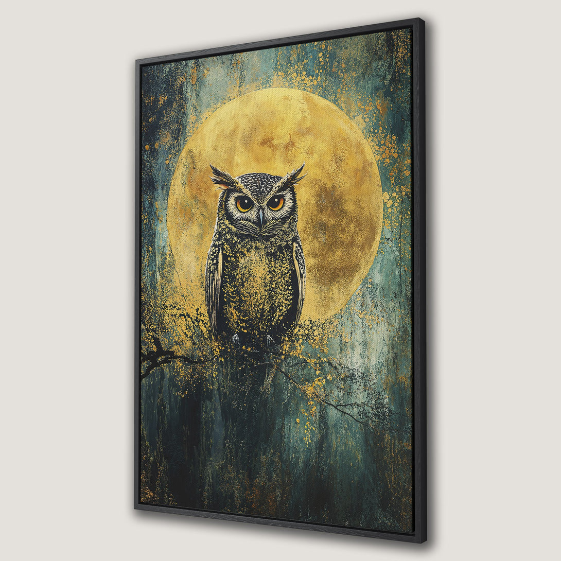 Framed Wall Art featuring a majestic owl against a golden moon. Artistic, textured style with a teal, gold, and black color palette. Perfect for modern decor.