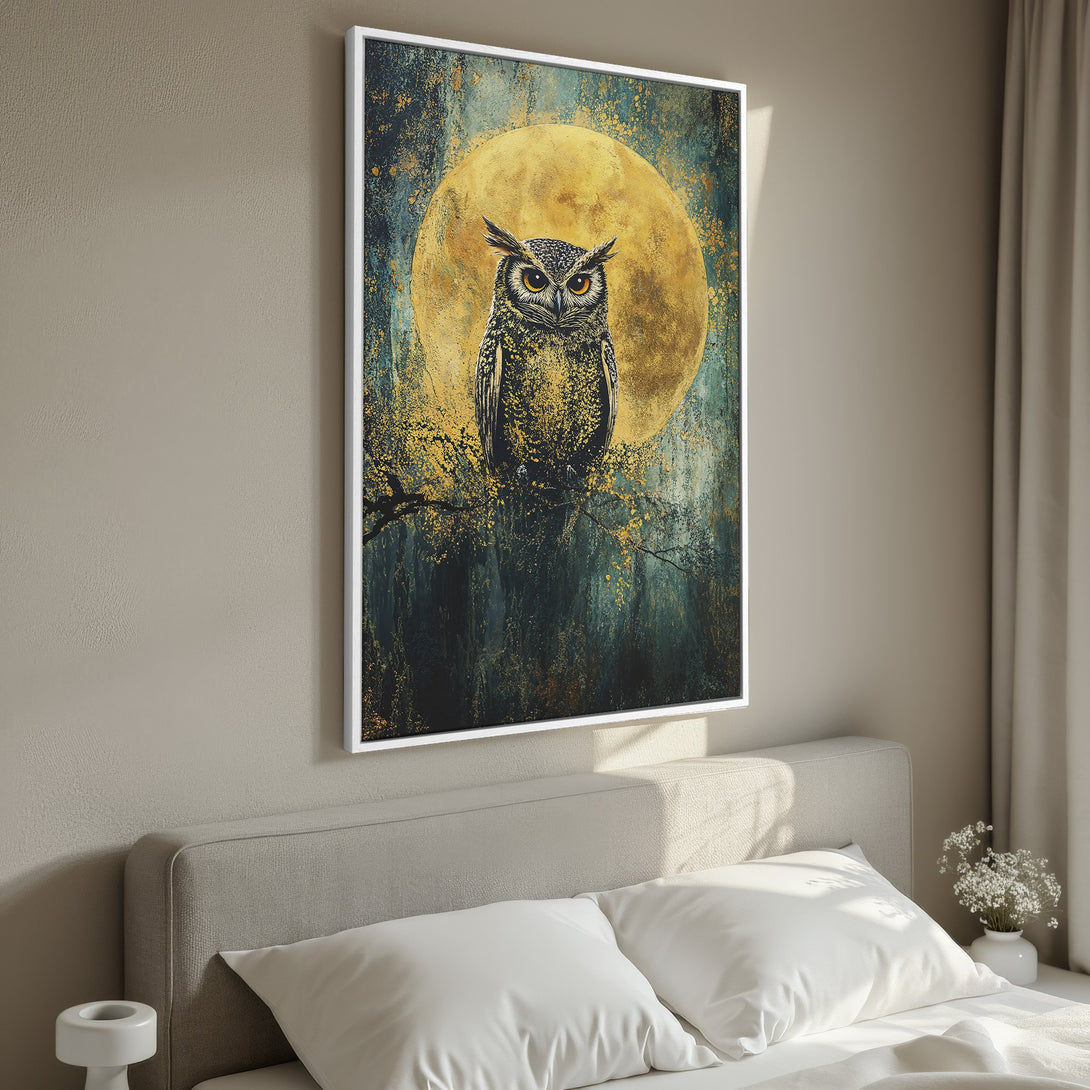Framed Wall Art: Majestic owl painting with a golden moon, in a moody teal and gold color palette. Perfect for adding a touch of nature to your bedroom decor.