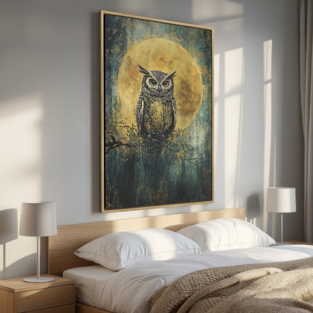 Framed Wall Art featuring an owl against a moonlit background, with a moody teal, gold, and brown color palette. Perfect for bedroom decor!