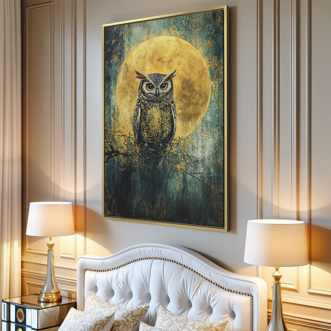 Canvas Print of an owl against a moonlit background. Features a moody, artistic style with a gold, teal, and black color palette. Perfect wall art!