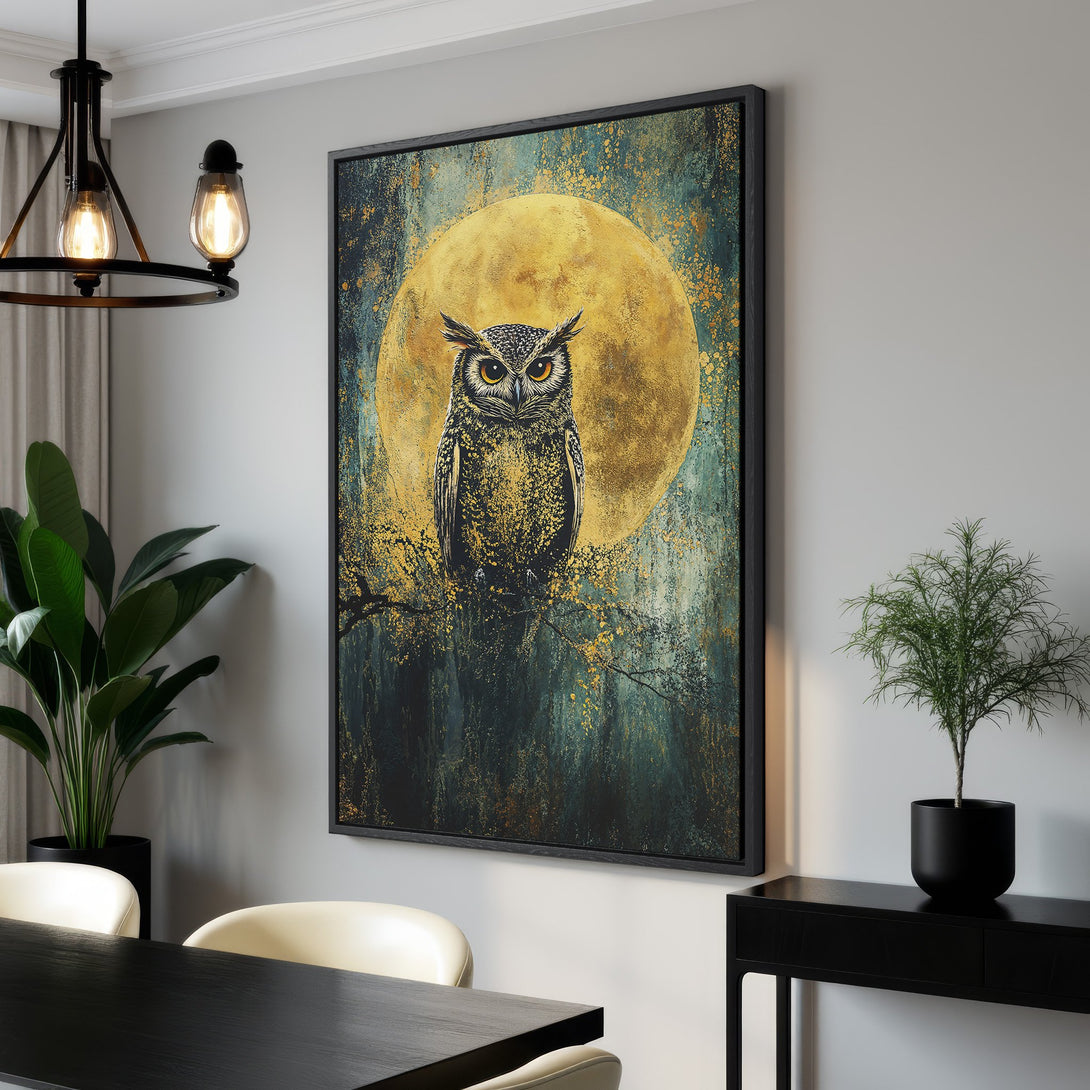 Framed Wall Art: Majestic owl canvas print with gold, teal, and black color palette. Modern art for your home decor. Shop now and elevate your space!