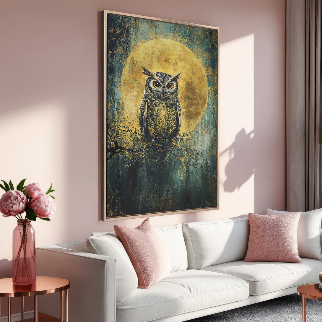 Framed Wall Art featuring an owl against a moon, in a moody, gold, and teal color palette. Perfect for adding a touch of nature to your home decor.